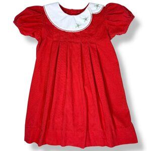 Girls Red Cord Winter Christmas Holiday Holly Embroidered Collared Dress 6X / 6